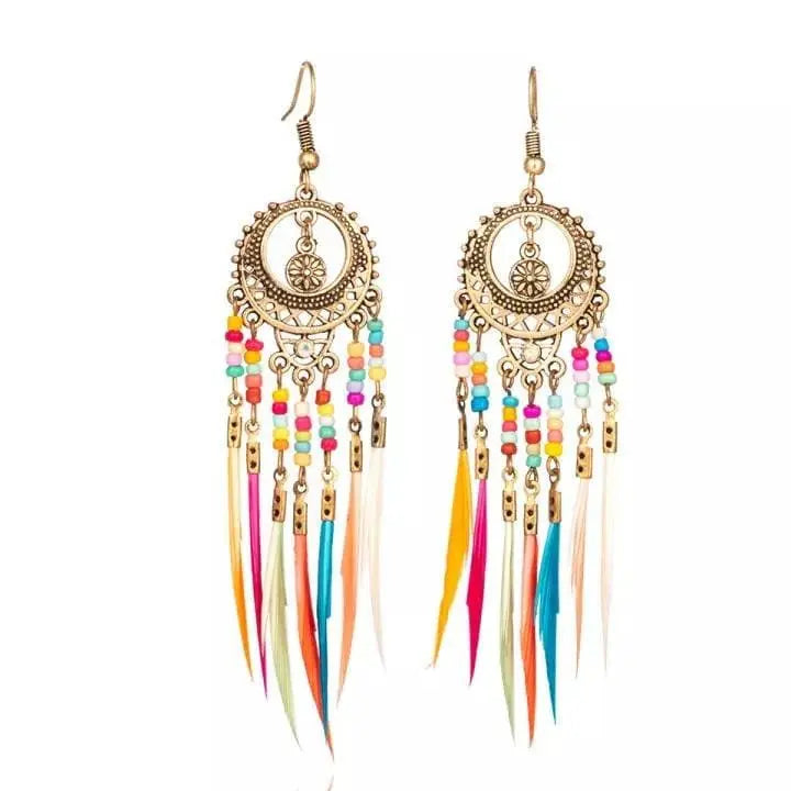 2 pairs Gold and Silver Bohemian Earrings Set Tree of Life Feather Tassel Silver Ethnic Retro Boho Hippie Gypsy Dangle Earring Bead Women - JettsJewelers