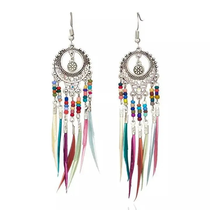 2 pairs Gold and Silver Bohemian Earrings Set Tree of Life Feather Tassel Silver Ethnic Retro Boho Hippie Gypsy Dangle Earring Bead Women - JettsJewelers