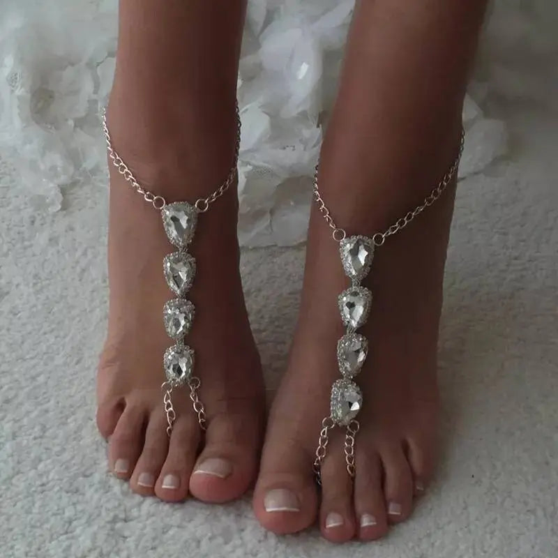 2 pc 4 Stone Adjustable Chain Barefoot Sandals Beach Wedding Jewelry Anklet with Rhinestone Toe Ring Leaf Bridal Toe JettsJewelers