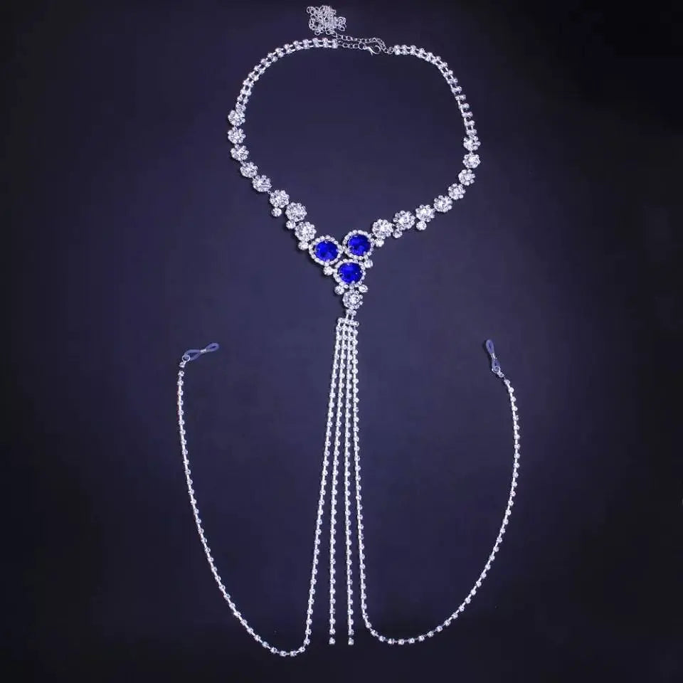 2 pc Bra Bikini Set Crystal Tassel Body Chains Belly Dance Skirts Blue Rhinestones Sexy Bikini Summer Beach Hip Waist Beachwear - JettsJewelers