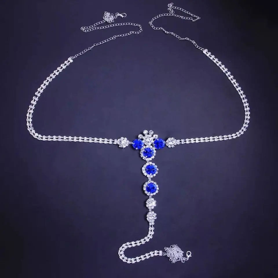 2 pc Bra Bikini Set Crystal Tassel Body Chains Belly Dance Skirts Blue Rhinestones Sexy Bikini Summer Beach Hip Waist Beachwear - JettsJewelers