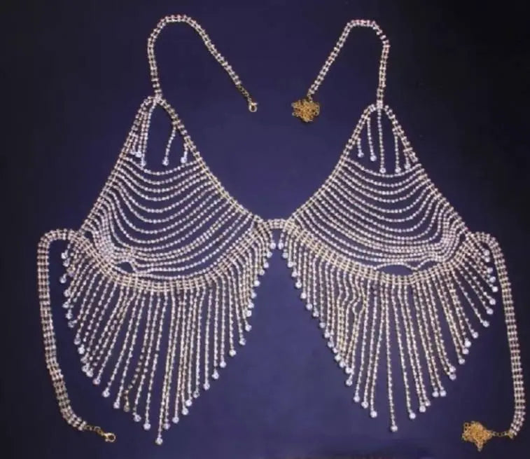 2 pc Bra Bikini Set Crystal Tassel Body Chains Belly Dance Skirts Rhinestones Sexy Bikini Summer Beach Hip Waist Beachwear - JettsJewelers