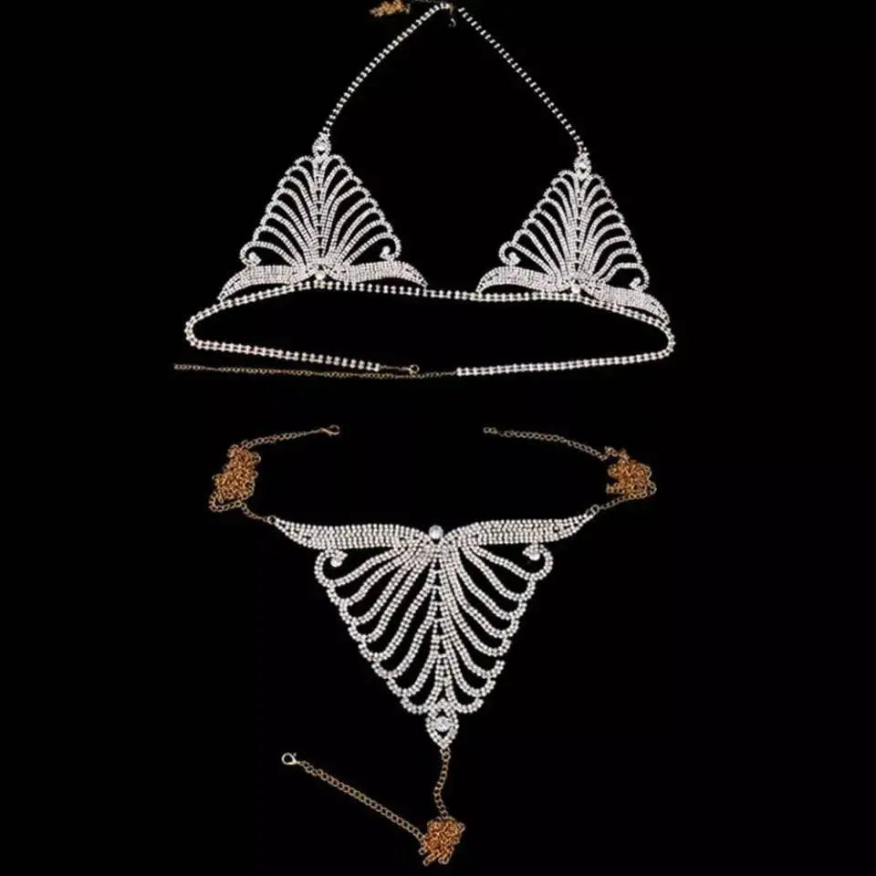 2 pc Bra Bikini Set Crystal Tassel Body Chains Belly Dance Skirts Rhinestones Sexy Bikini Summer Beach Hip Waist Beachwear - JettsJewelers