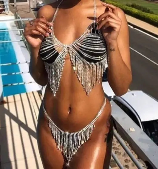 2 pc Bra Bikini Set Crystal Tassel Body Chains Belly Dance Skirts Rhinestones Sexy Bikini Summer Beach Hip Waist Beachwear JettsJewelers