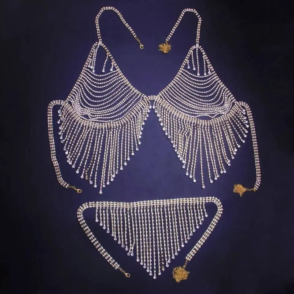 2 pc Bra Bikini Set Crystal Tassel Body Chains Belly Dance Skirts Rhinestones Sexy Bikini Summer Beach Hip Waist Beachwear JettsJewelers