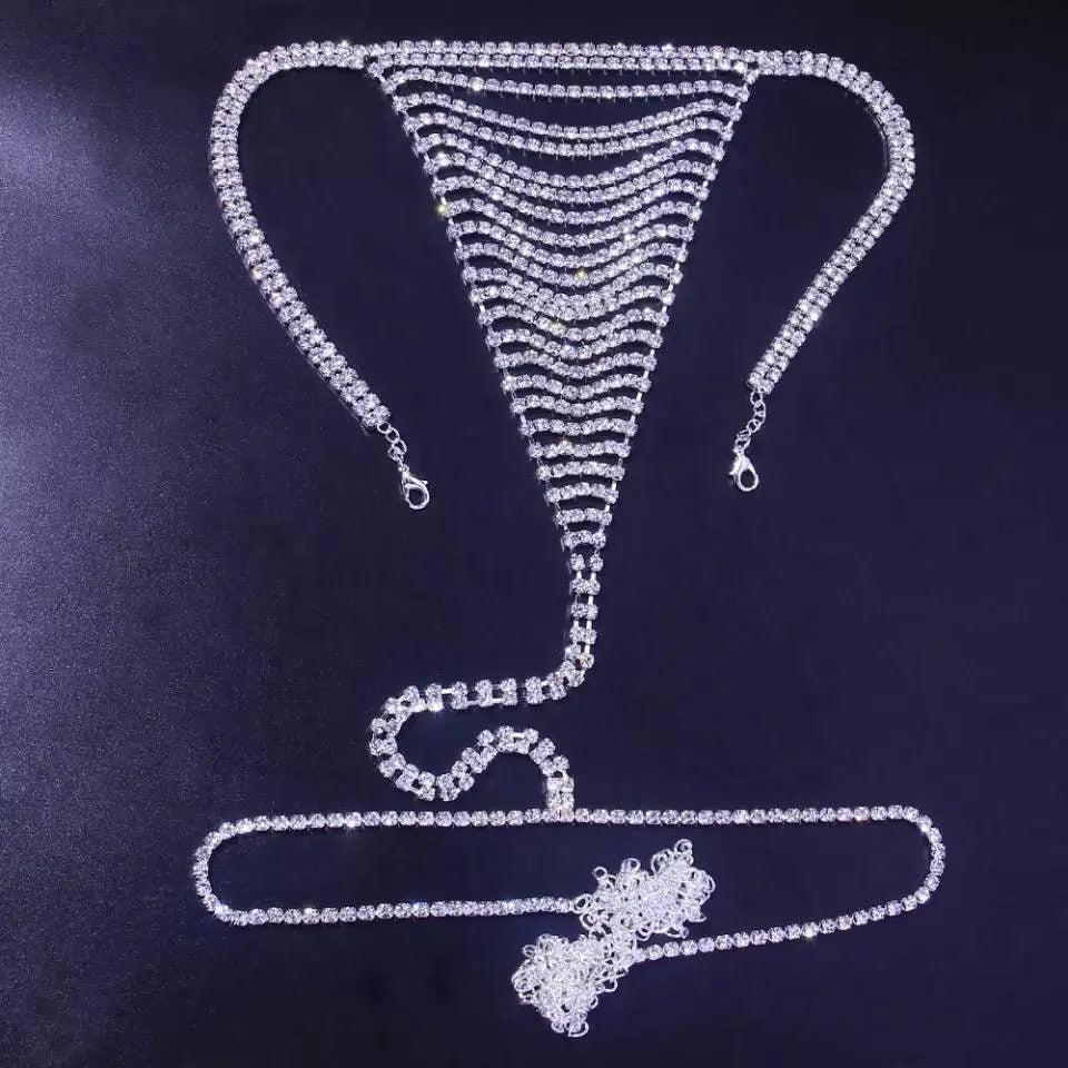 2 pc Bra Bikini Set Crystal Tassel Body Chains Belly Dance Skirts Rhinestones Sexy Bikini Summer Beach Hip Waist Chain Nightclub Jewelry - JettsJewelers