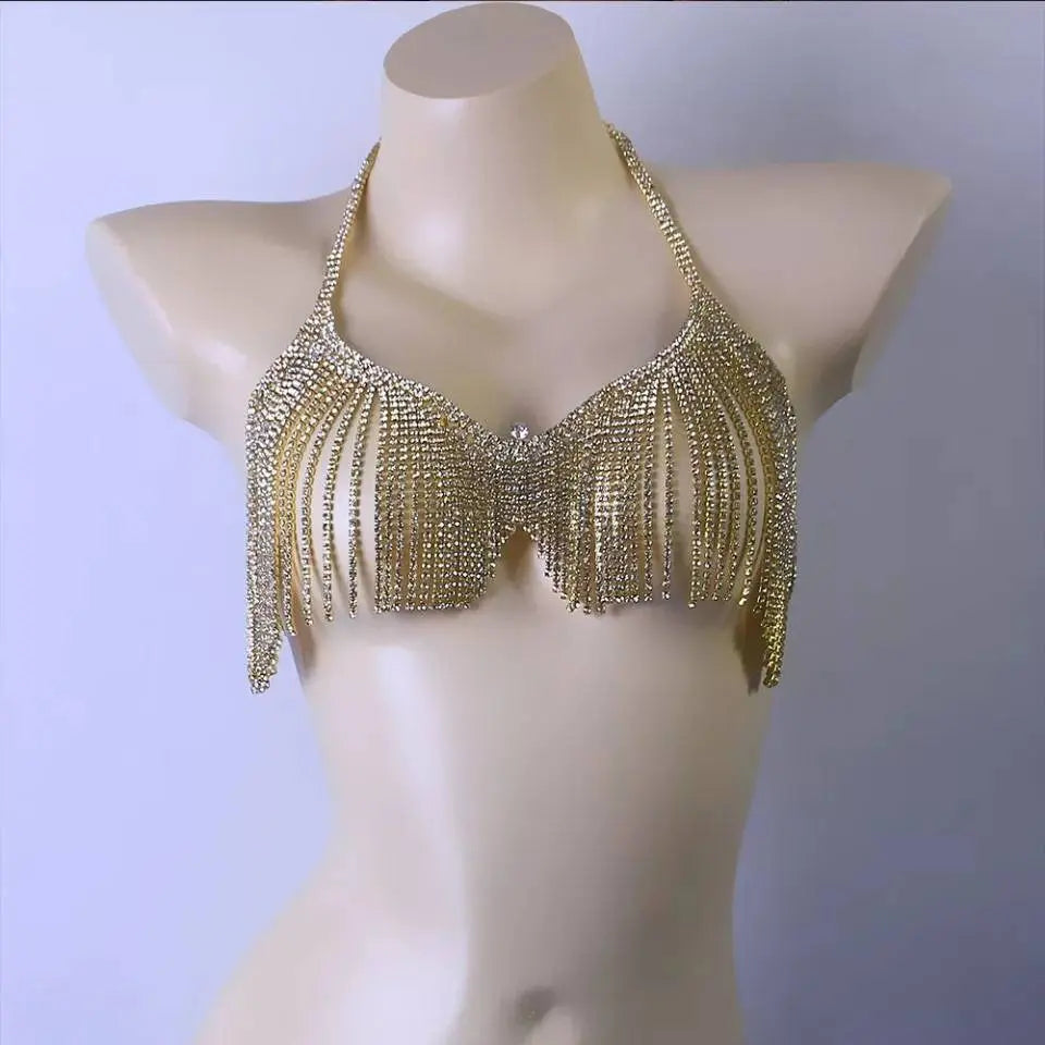 2 pc Bra Bikini Set Crystal Tassel Body Chains Belly Dance Skirts Rhinestones Sexy Bikini Summer Beach Hip Waist Chain Nightclub Jewelry JettsJewelers