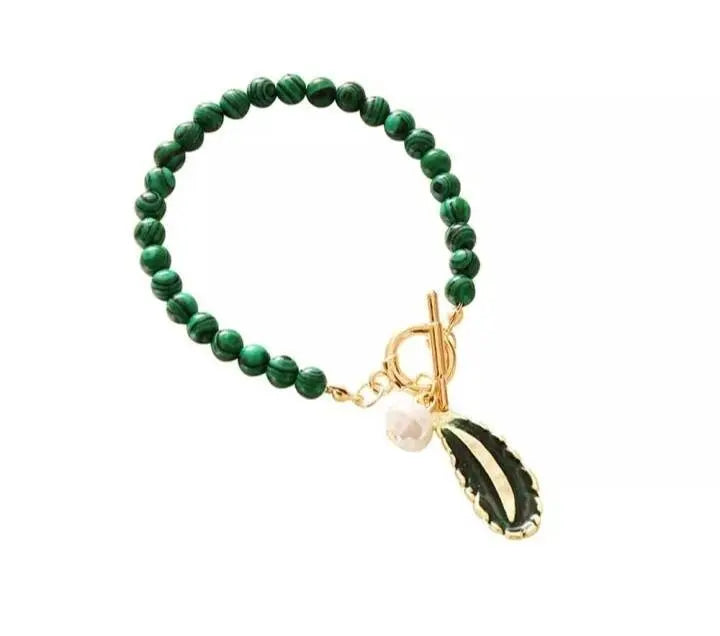 2 pc Replica Malachite Beads Green Leaf Pearl Necklace for Women Fashion Personality Metal Buckle Choker Jewelry with Bracelet - JettsJewelers