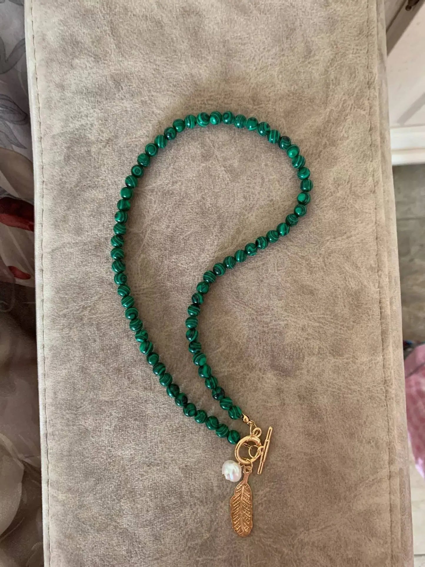 2 pc Replica Malachite Beads Green Leaf Pearl Necklace for Women Fashion Personality Metal Buckle Choker Jewelry with Bracelet - JettsJewelers