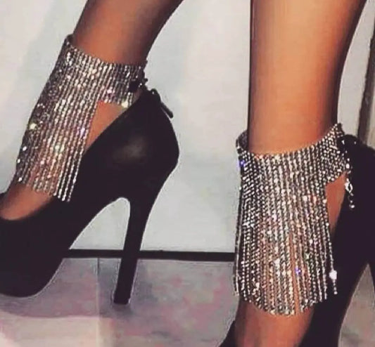 2 pc Rhinestone Ankle Bracelets Crystal Tassel Anklet 2pcs Glitter Tennis Foot Chain Wedding Jewelry Accessories For Women and Girls - JettsJewelers