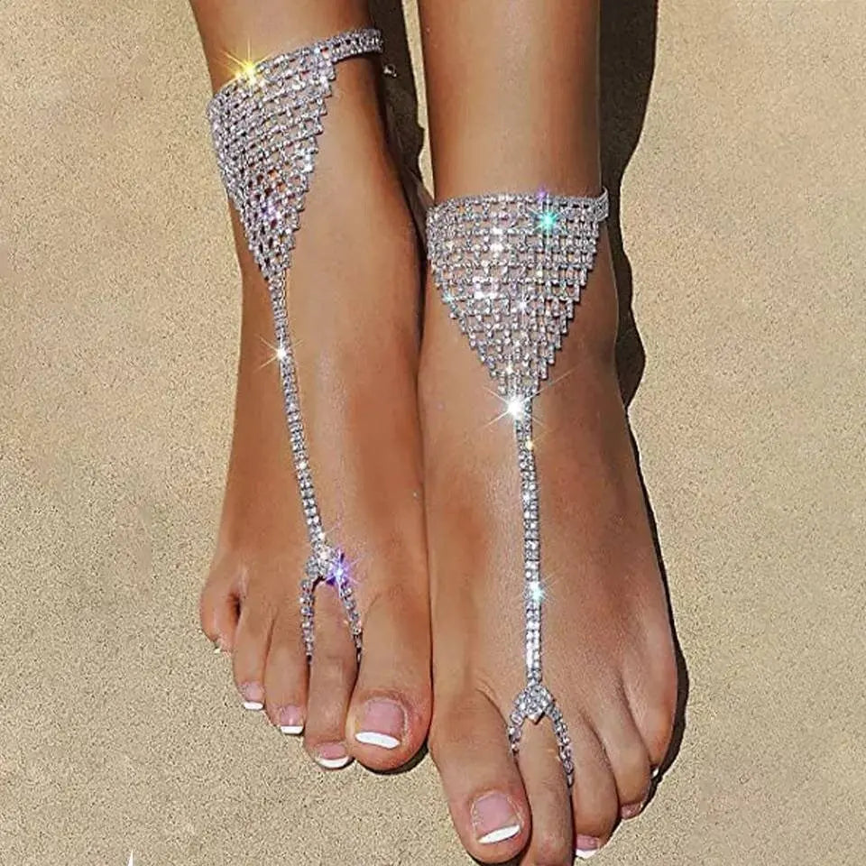 2 pc Triangle Adjustable Chain Barefoot Sandals Beach Wedding Jewelry Anklet with Rhinestone Toe Ring Leaf Bridal Toe JettsJewelers