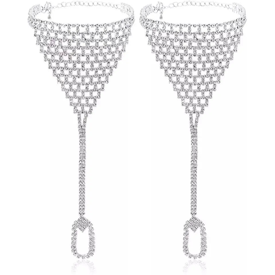 2 pc Triangle Adjustable Chain Barefoot Sandals Beach Wedding Jewelry Anklet with Rhinestone Toe Ring Leaf Bridal Toe JettsJewelers