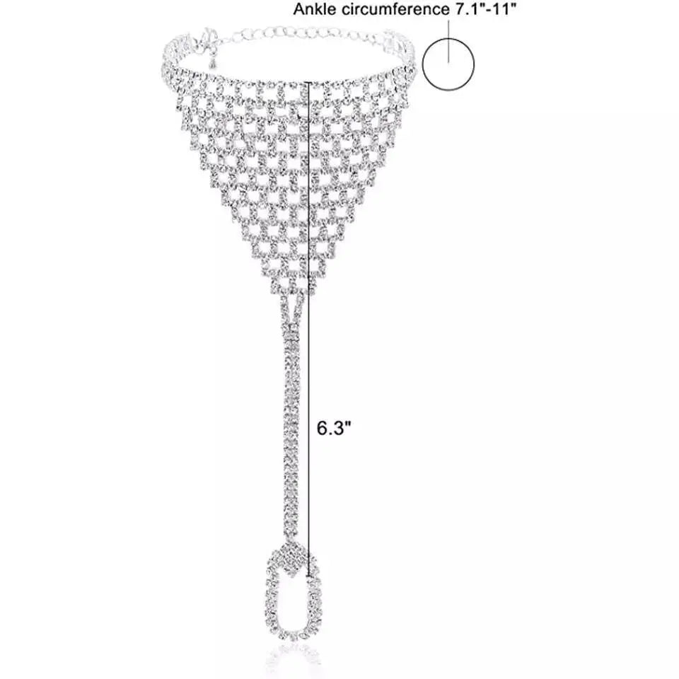 2 pc Triangle Adjustable Chain Barefoot Sandals Beach Wedding Jewelry Anklet with Rhinestone Toe Ring Leaf Bridal Toe JettsJewelers