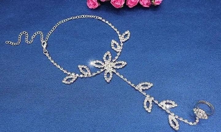 2 pc Women's Adjustable Chain Barefoot Sandals Beach Wedding Jewelry Anklet with Rhinestone Toe Ring Leaf Bridal Toe - JettsJewelers