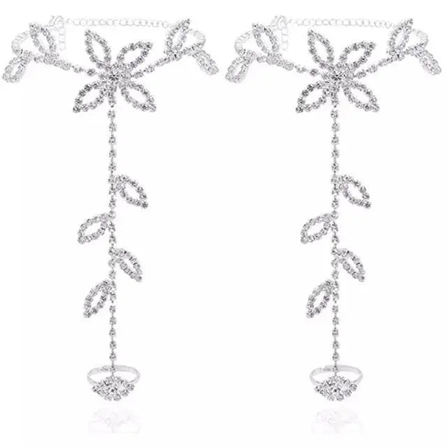 2 pc Women's Adjustable Chain Barefoot Sandals Beach Wedding Jewelry Anklet with Rhinestone Toe Ring Leaf Bridal Toe - JettsJewelers