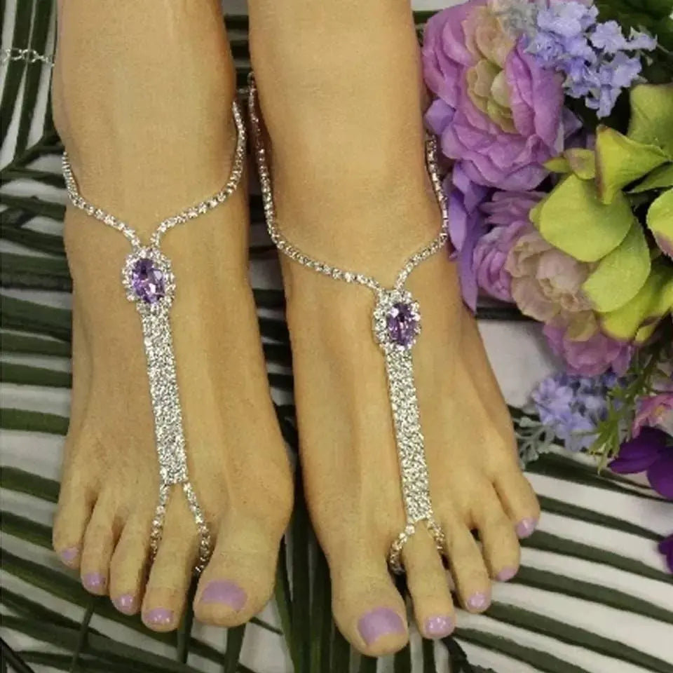 2 pc Women's Adjustable Chain Color Barefoot Sandals Beach Wedding Jewelry Anklet with Rhinestone Toe Ring Leaf Bridal - JettsJewelers