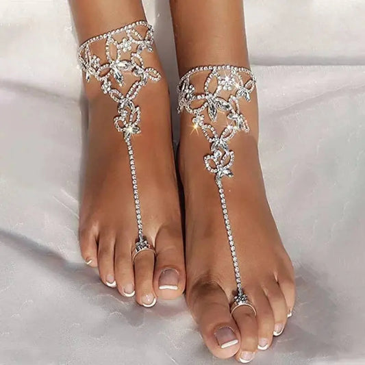 2 pc Women's Adjustable Chain Butterfly Barefoot Sandals Beach Wedding Jewelry Anklet with Rhinestone Toe Ring Leaf Bridal Toe JettsJewelers