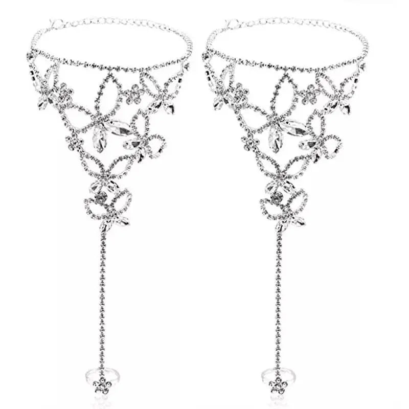 2 pc Women's Adjustable Chain Butterfly Barefoot Sandals Beach Wedding Jewelry Anklet with Rhinestone Toe Ring Leaf Bridal Toe JettsJewelers