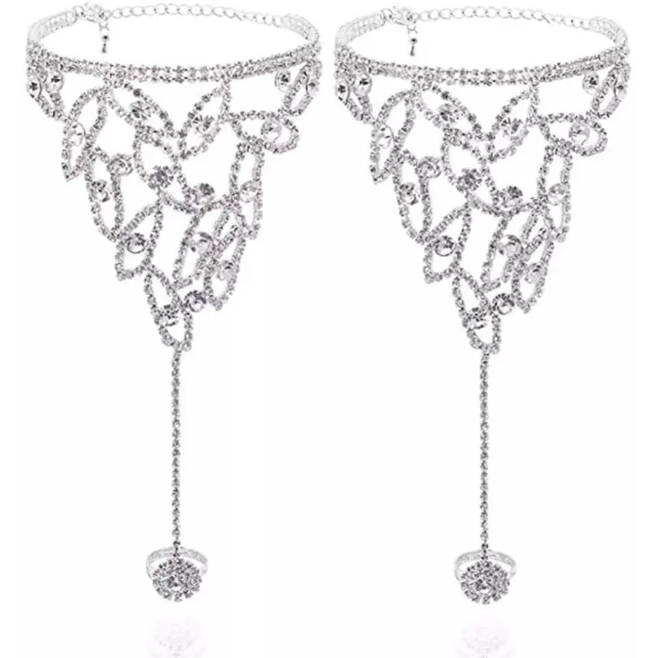 2 pc Women's Adjustable Chain Flower Petals Barefoot Sandals Beach Wedding Jewelry Anklet with Rhinestone Toe Ring Leaf Bridal JettsJewelers