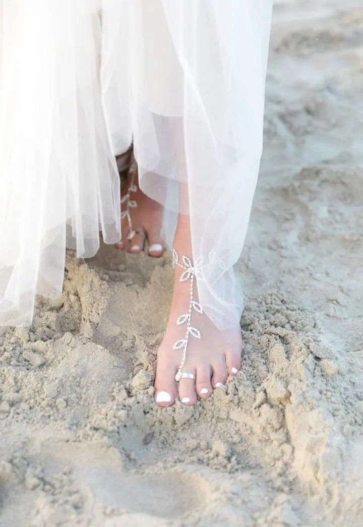 2 pc Womens Adjustable Chain Barefoot Sandals Beach Wedding Jewelry Anklet with Rhinestone Toe Ring Leaf Bridal Toe JettsJewelers