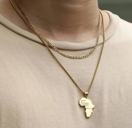 2pc 14K Gold Plated African Map Pendant Necklace with Gold Chain, Men Jewelry 18 and 24" Long Chain  Women Gift