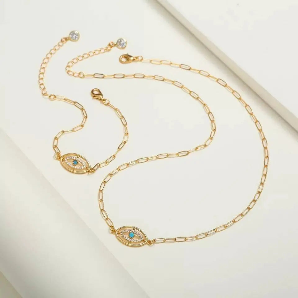 2pc Evil Eye Necklaces and Bracelet 14K, Gold Plated Dainty Chocker Necklace Delicate Jewelry Gift for Women - JettsJewelers