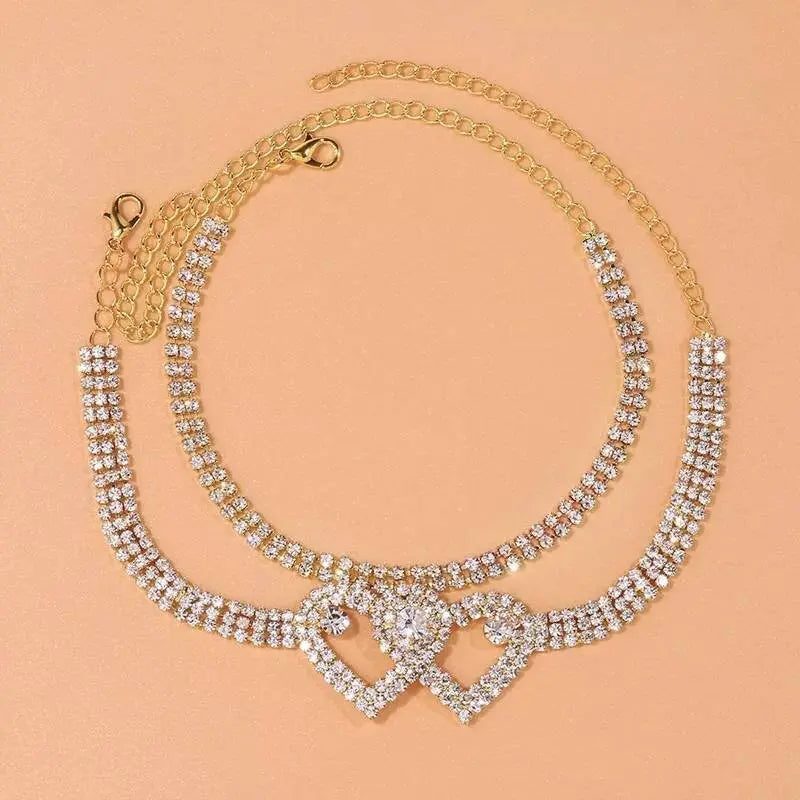 2pc Heart Rhinestones Anklet Foot Jewelry for Women Beach Barefoot Chain Bracelet On the Leg Accessories Gift - JettsJewelers