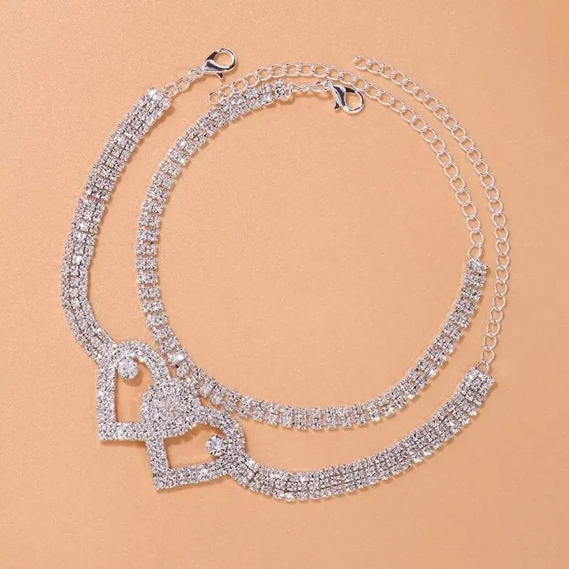 2pc Heart Rhinestones Anklet Foot Jewelry for Women Beach Barefoot Chain Bracelet On the Leg Accessories Gift - JettsJewelers