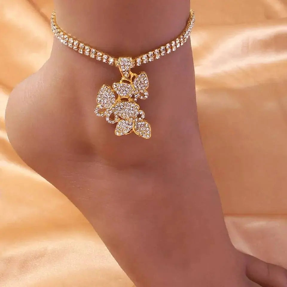 3 Butterfly Rhinestones Anklet Foot Jewelry for Women Beach Barefoot Chain Bracelet On the Leg Accessories Gift - JettsJewelers