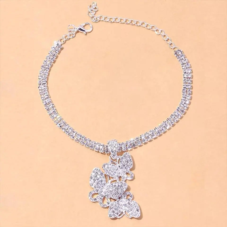 3 Butterfly Rhinestones Anklet Foot Jewelry for Women Beach Barefoot Chain Bracelet On the Leg Accessories Gift - JettsJewelers