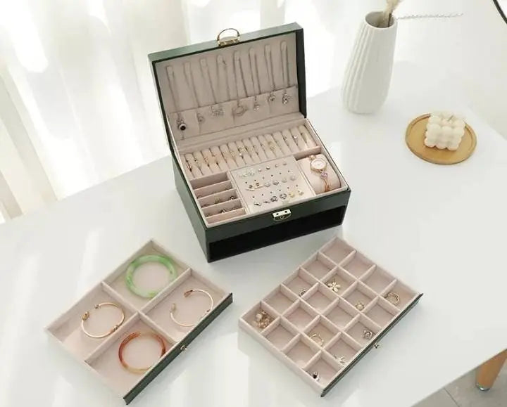 3 Layer Large Jewelry Storage Case, PU Leather Jewellery Organizer Holder with Lock Removable Ring and Earring Organizer for Necklace - JettsJewelers