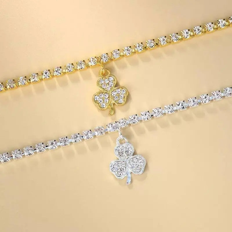 3 Leaf Clover Rhinestones Anklet Foot Jewelry for Women Beach Barefoot Chain Bracelet On the Leg Accessories Gift - JettsJewelers