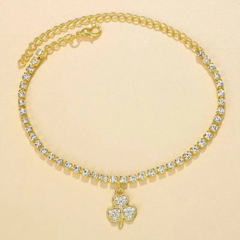 3 Leaf Clover Rhinestones Anklet Foot Jewelry for Women Beach Barefoot Chain Bracelet On the Leg Accessories Gift - JettsJewelers