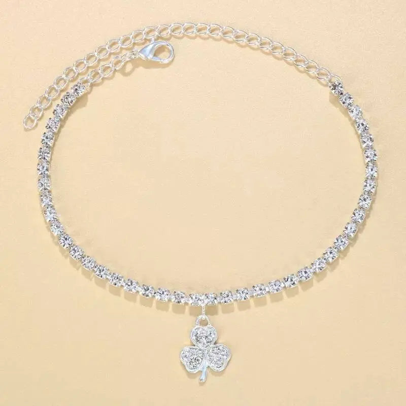 3 Leaf Clover Rhinestones Anklet Foot Jewelry for Women Beach Barefoot Chain Bracelet On the Leg Accessories Gift - JettsJewelers
