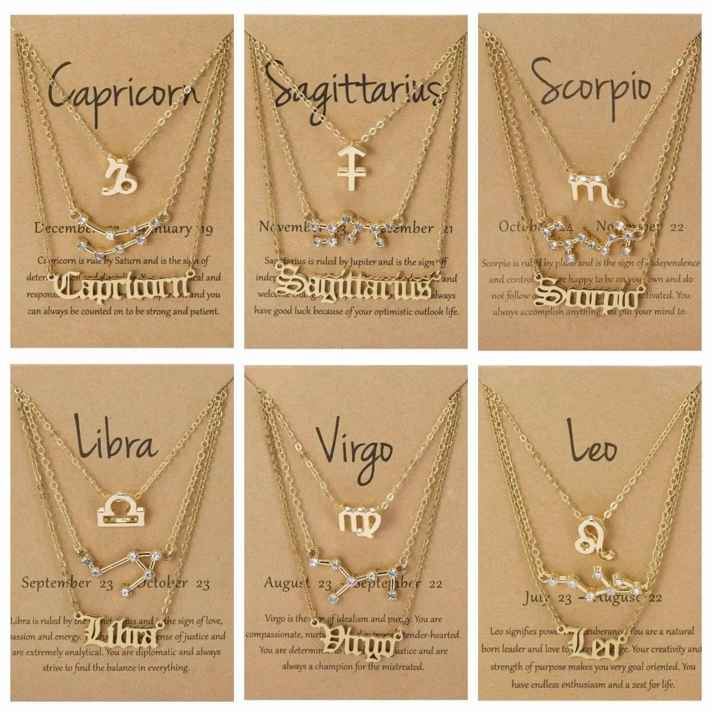 3Pcs Constellation Zodiac Layer Necklaces for Women Girls, Retro 14K Gold Plated 12 Constellation Pendant Necklace Exquisite Constellation - JettsJewelers