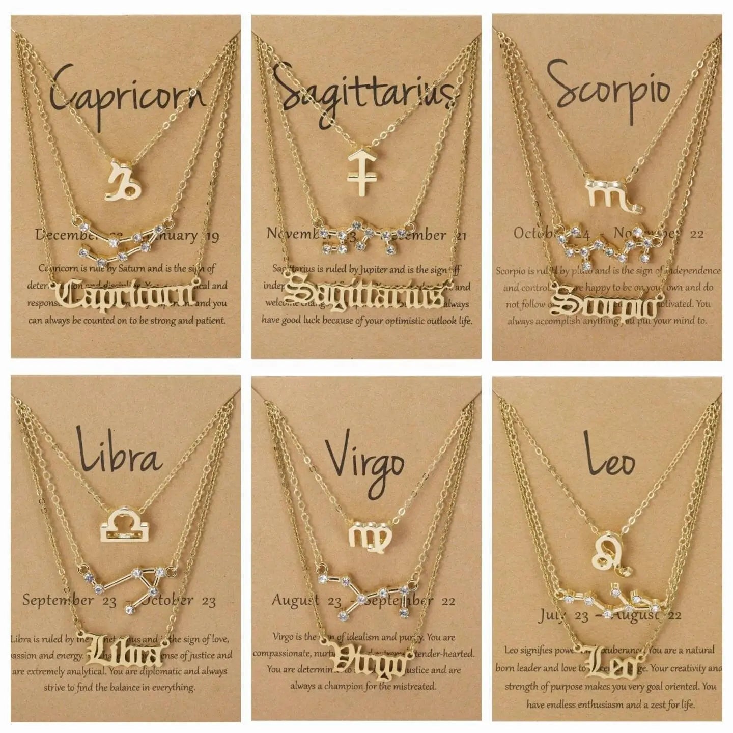 3Pcs Constellation Zodiac Layer Necklaces for Women Girls, Retro 14K Gold Plated 12 Constellation Pendant Necklace Exquisite Constellation JettsJewelers