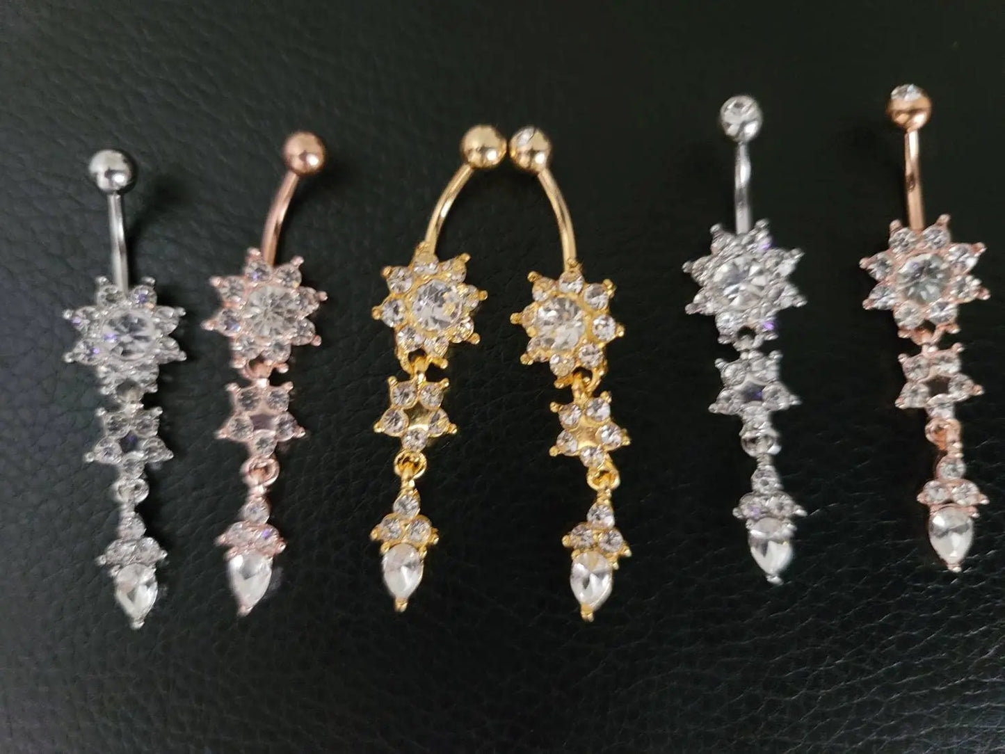 6 pc Belly Piercings Gold, Rose Gold and Silver Flower Belly Ring, Belly Dancing jewelry, surgical steel Dangle, Drill dangle - JettsJewelers