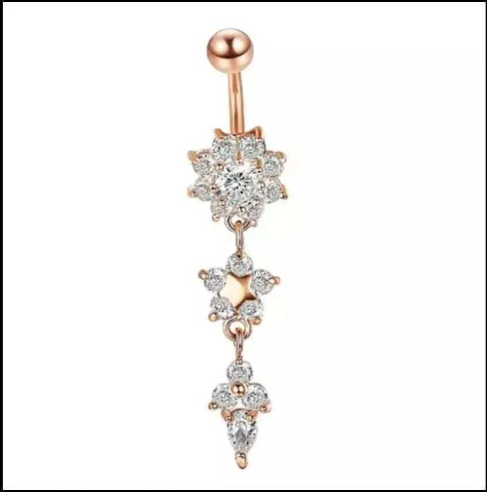 6 pc Belly Piercings Gold, Rose Gold and Silver Flower Belly Ring, Belly Dancing jewelry, surgical steel Dangle, Drill dangle - JettsJewelers
