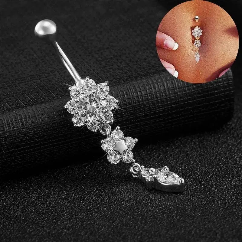 6 pc Silver Flower Belly Ring, Belly Dancing jewelry, surgical steel Dangle, Gift for her, Sexy Belly Ring JettsJewelers