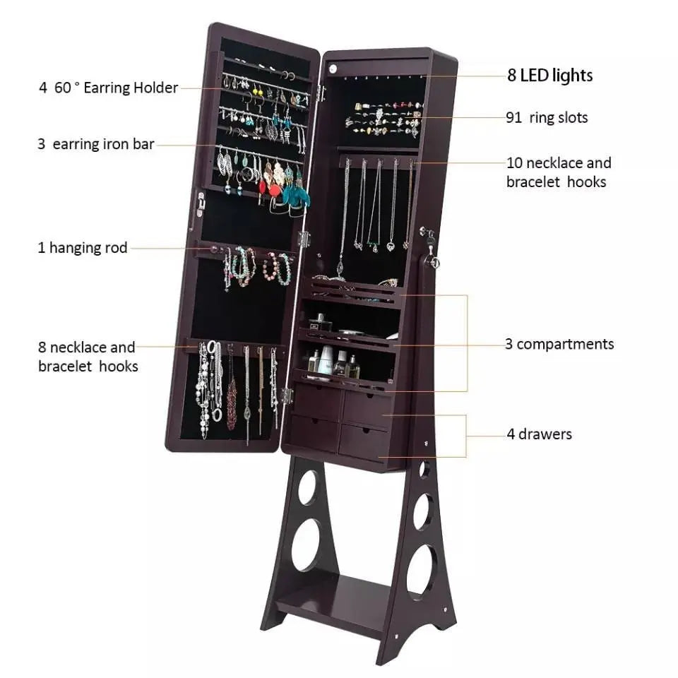 8 LEDs Jewelry Cabinet Armoire with Beveled Edge Mirror, Gorgeous Jewelry Organizer Large Capacity Brown - JettsJewelers