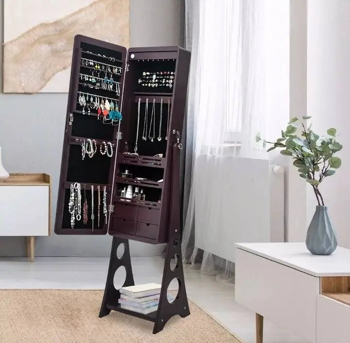 8 LEDs Jewelry Cabinet Armoire with Beveled Edge Mirror, Gorgeous Jewelry Organizer Large Capacity Brown JettsJewelers