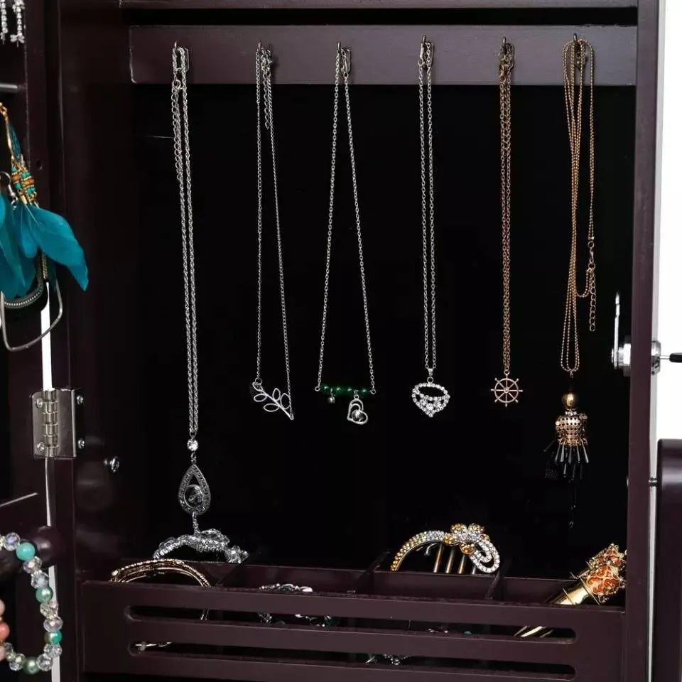 8 LEDs Jewelry Cabinet Armoire with Beveled Edge Mirror, Gorgeous Jewelry Organizer Large Capacity Brown JettsJewelers