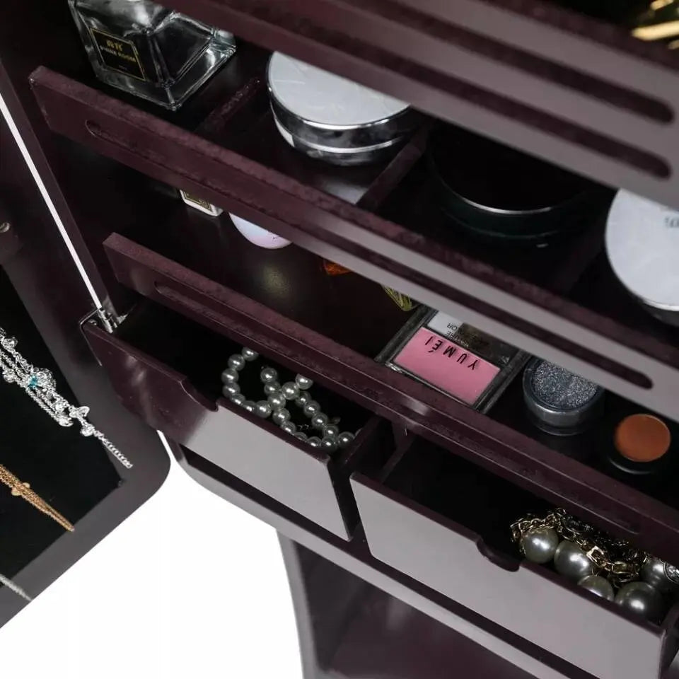 8 LEDs Jewelry Cabinet Armoire with Beveled Edge Mirror, Gorgeous Jewelry Organizer Large Capacity Brown JettsJewelers