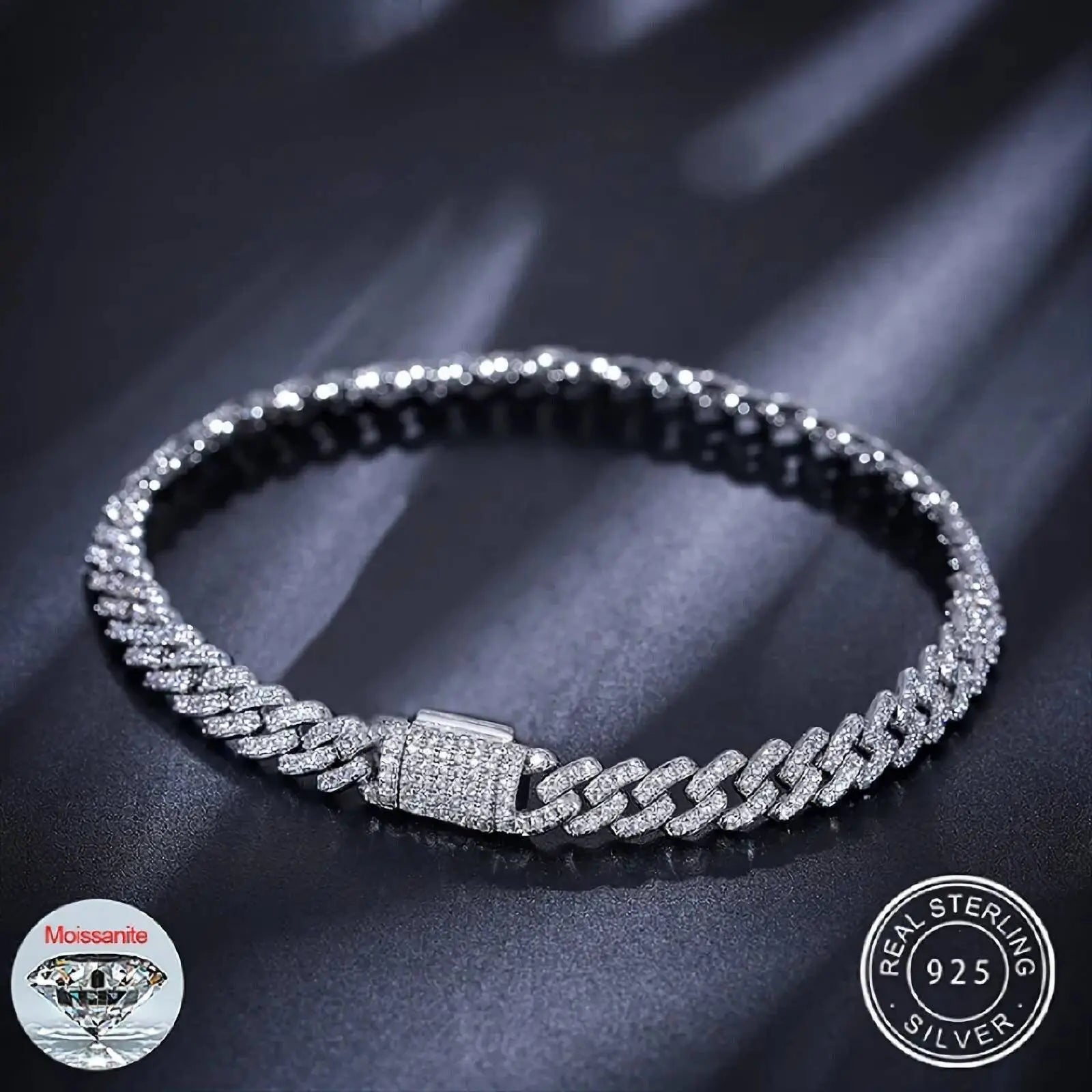 925 Sterling Silver 6mm Moissanite Chain Cuban Link Diamond Chain Bracelet 18k Platinum Plated Miami Bling Drip Chains and Bracelets JettsJewelers