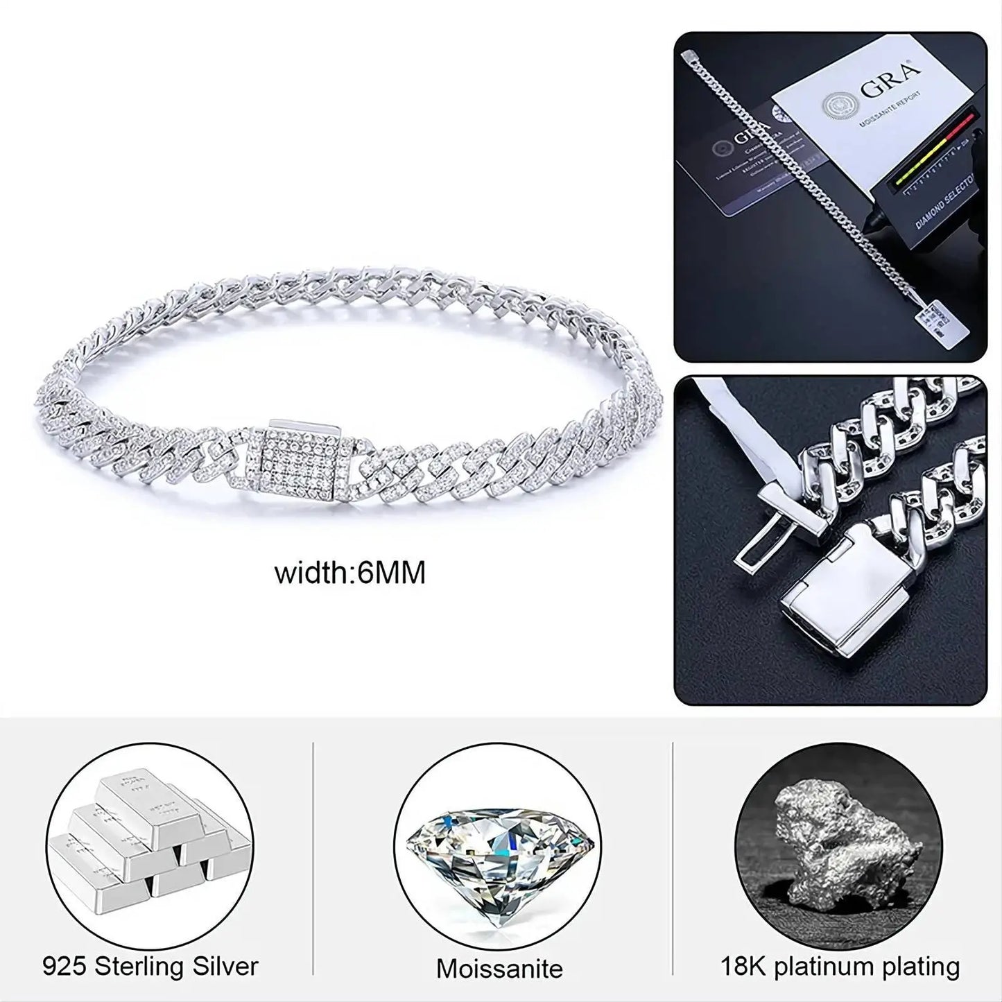925 Sterling Silver 6mm Moissanite Chain Cuban Link Diamond Chain Bracelet 18k Platinum Plated Miami Bling Drip Chains and Bracelets JettsJewelers