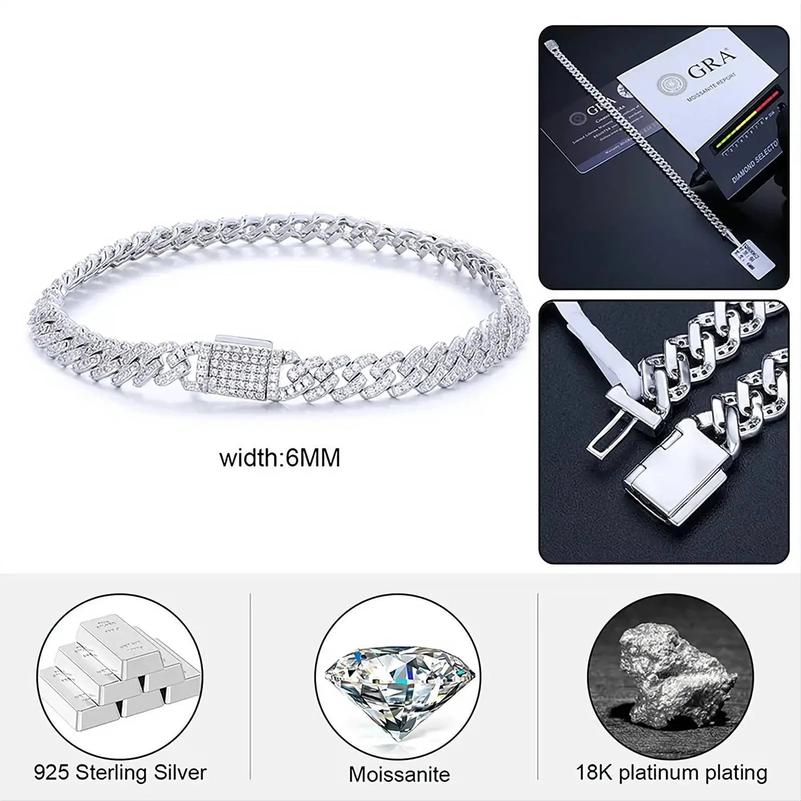 925 Sterling Silver 6mm Moissanite Chain Cuban Link Diamond Chain Bracelet 18k Platinum Plated Miami Bling Drip Chains and Bracelets JettsJewelers