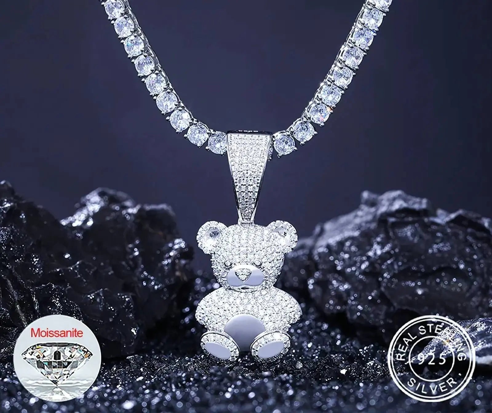 925 Sterling Silver Moissanite Diamond Bear Diamond Pendant Only Bling Drip JettsJewelers