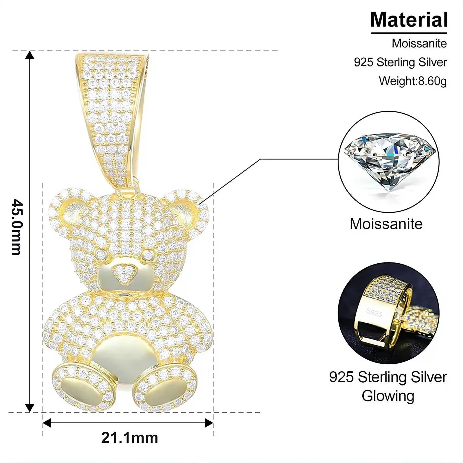925 Sterling Silver Moissanite Diamond Bear Diamond Pendant Only Bling Drip JettsJewelers