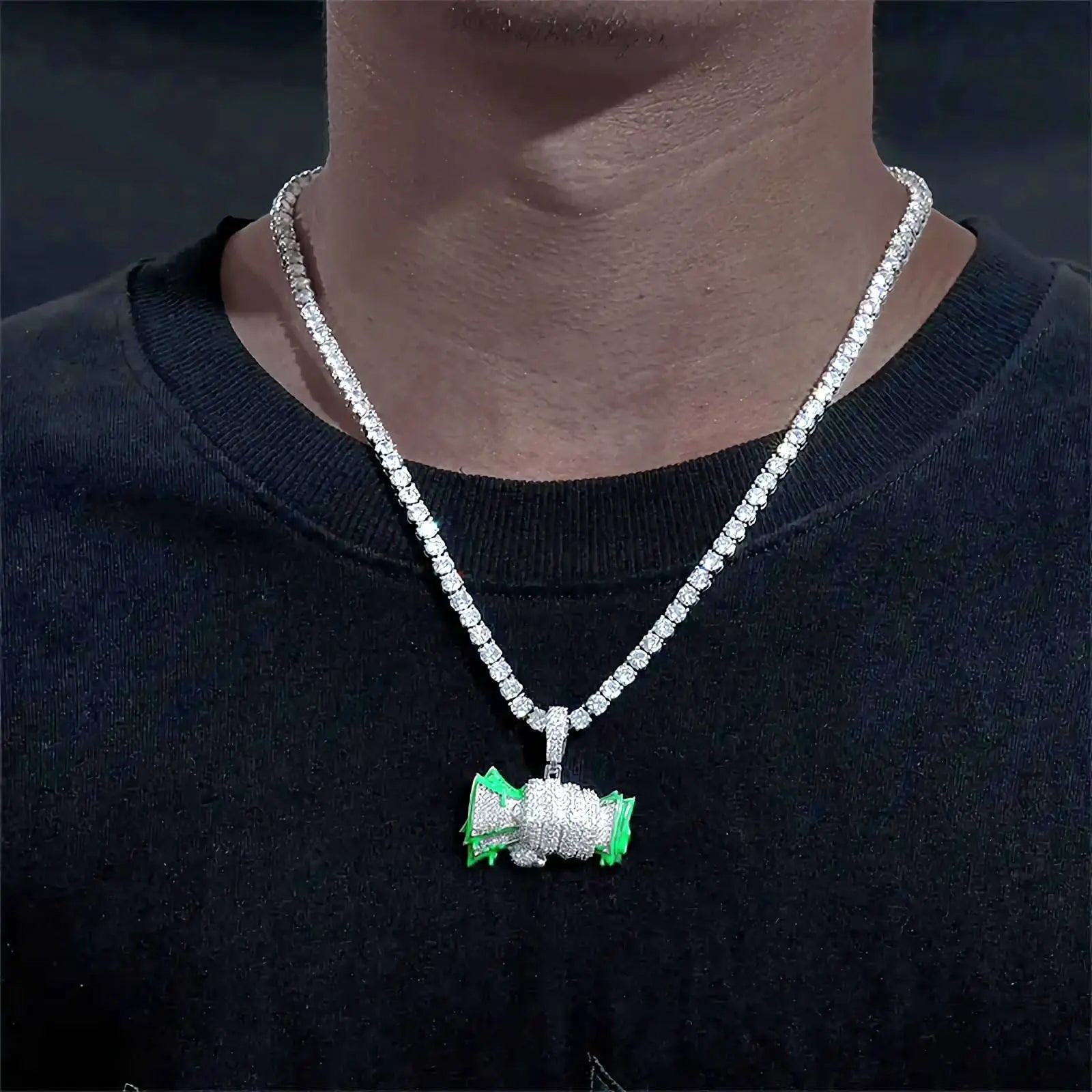 925 Sterling Silver Moissanite Diamond Glowing Money Fist Dollar Diamond Pendant Only Bling Drip JettsJewelers