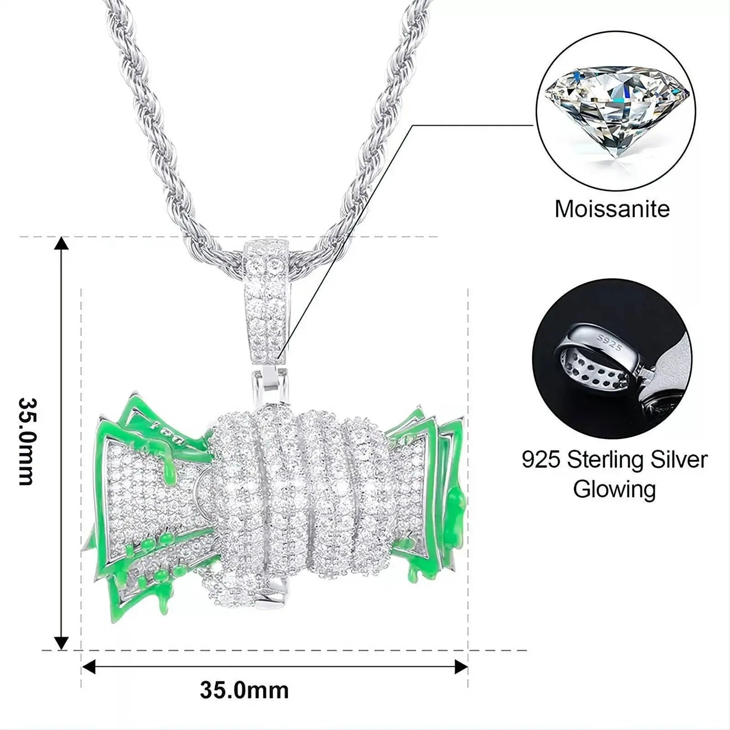 925 Sterling Silver Moissanite Diamond Glowing Money Fist Dollar Diamond Pendant Only Bling Drip JettsJewelers